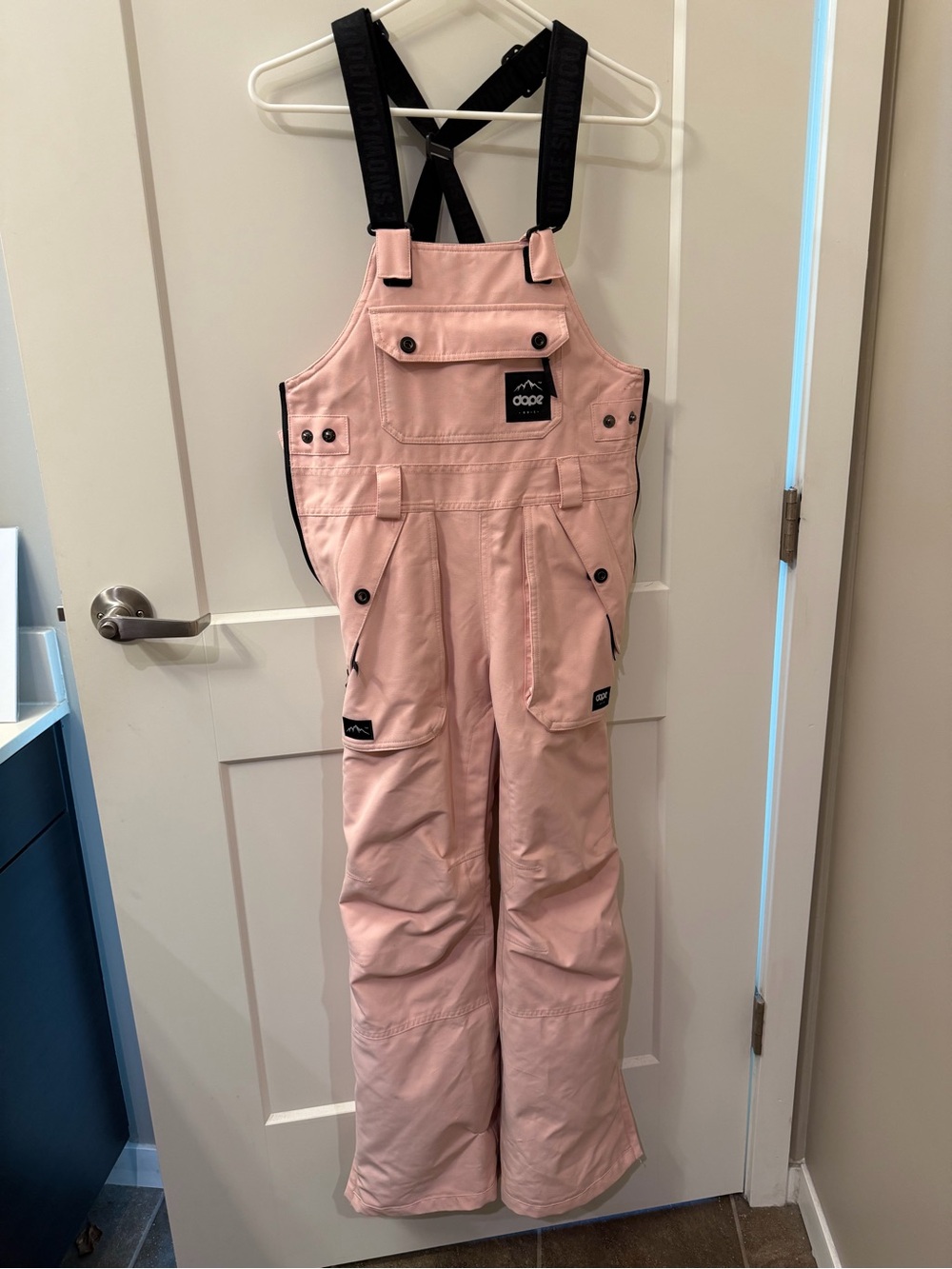 DOPE Women's Pink Snow Bib Overalls with Black Straps